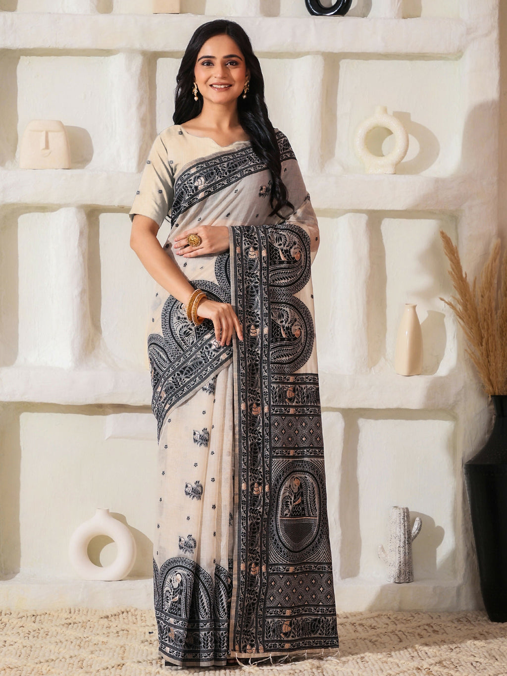 Shree Shyam Fashion Linen Cotton Black & Cream Saree - Distacart