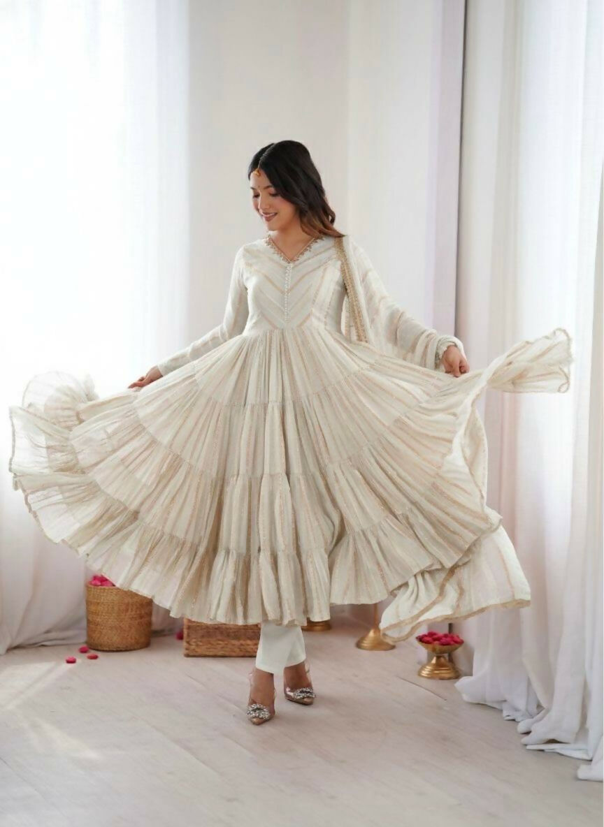 Teeya Creation White Color Mal Chanderi Silk Hand Embroidery Work Long Gown - Distacart