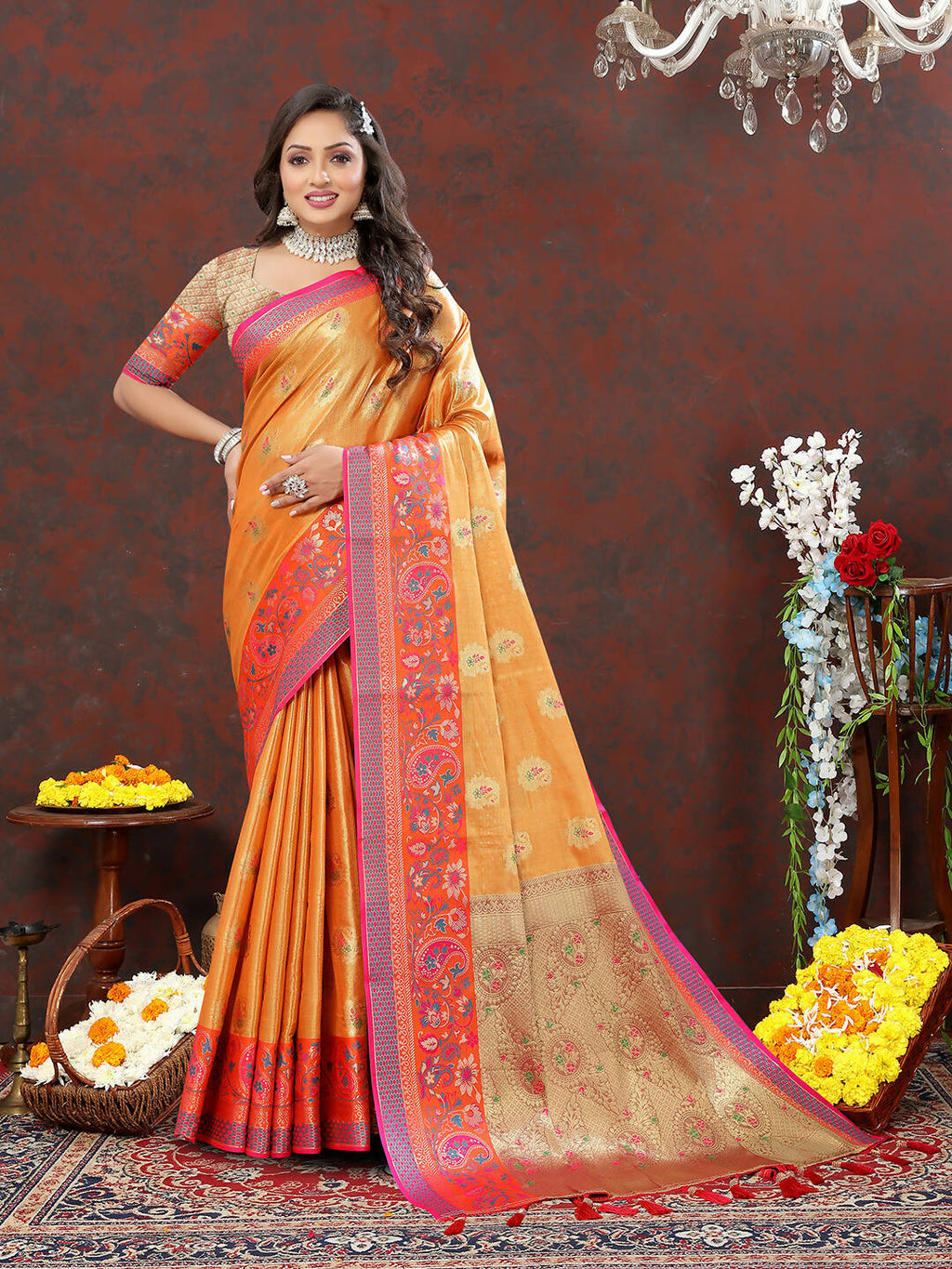 Lorenvalley Fashion Orange Kanjivaram Silk Woven Design with Zari Weaving Saree
