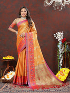 Lorenvalley Fashion Orange Kanjivaram Silk Woven Design with Zari Weaving Saree