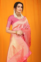 Jyoti Fashion Women's Pink Kanjivaram Silk Zari Woven Saree with Blouse - Distacart