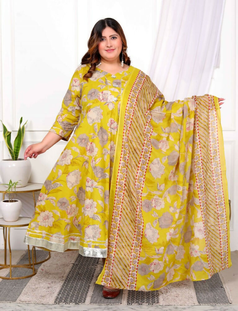 Miravan Women's Plus Size Cotton Gota Patti And Lace Border Details Floral Printed Yellow Anarkali Kurta And Dupatta Set