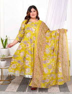 Miravan Women's Plus Size Cotton Gota Patti And Lace Border Details Floral Printed Yellow Anarkali Kurta And Dupatta Set