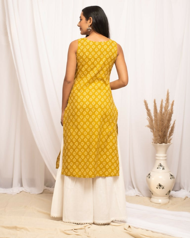 FIORRA Women's Floral Printed Yellow Cotton Straight Kurta