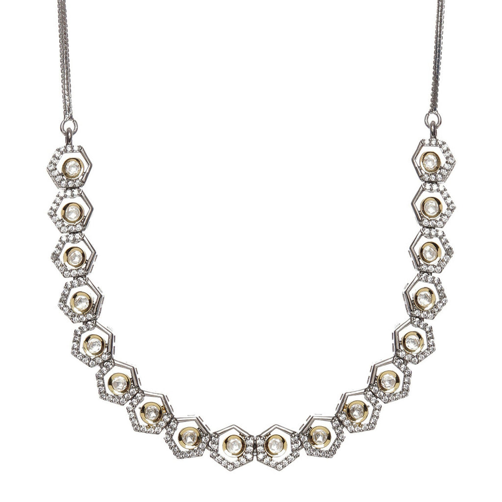 Dual Tone Gold and Silver Choker with American Diamonds and Kundan (Silver) - Ruby Raang