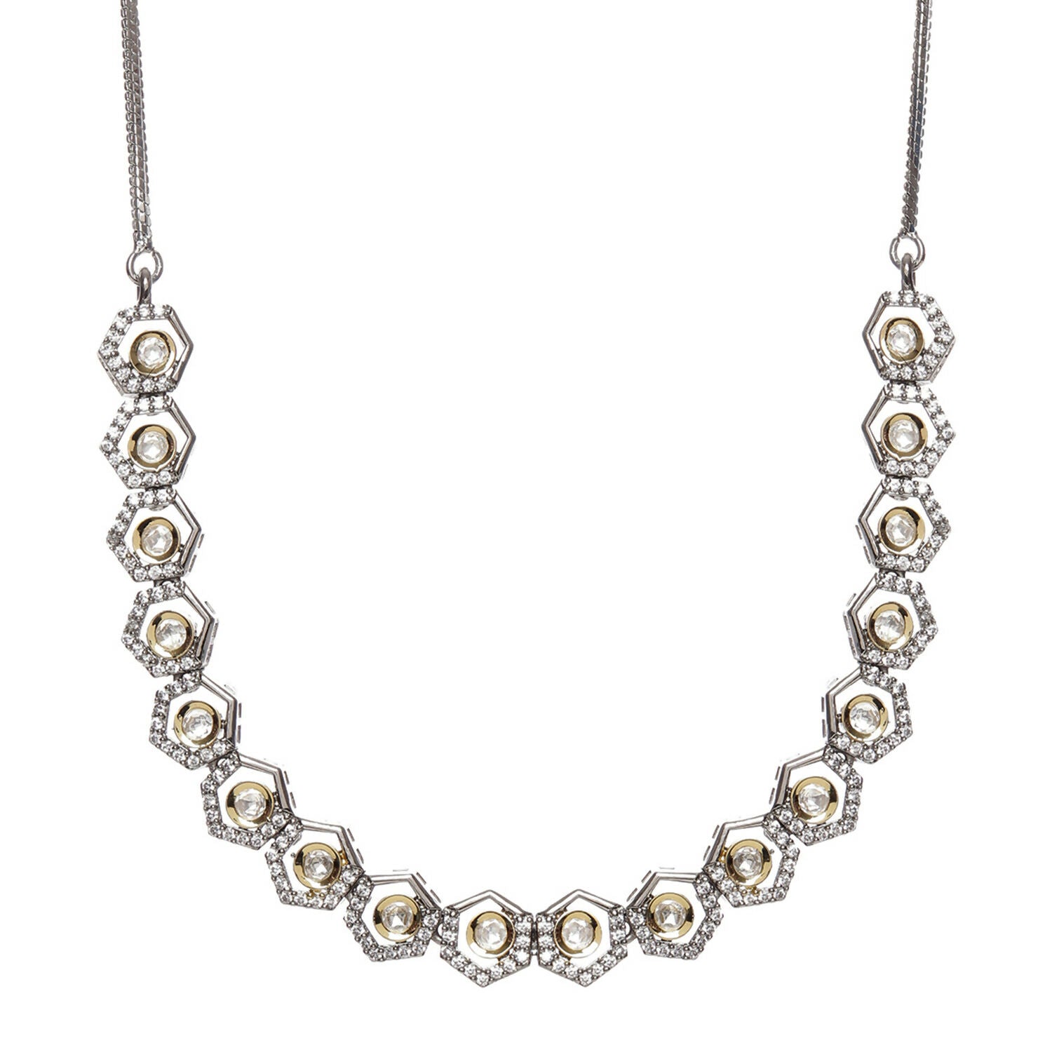 Dual Tone Gold and Silver Choker with American Diamonds and Kundan (Silver) - Ruby Raang