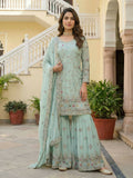 Teeya Creation Sky Faux Georgette Multi Thread Work Wedding Wear Sharara Set - Distacart