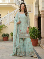Teeya Creation Sky Faux Georgette Multi Thread Work Wedding Wear Sharara Set - Distacart