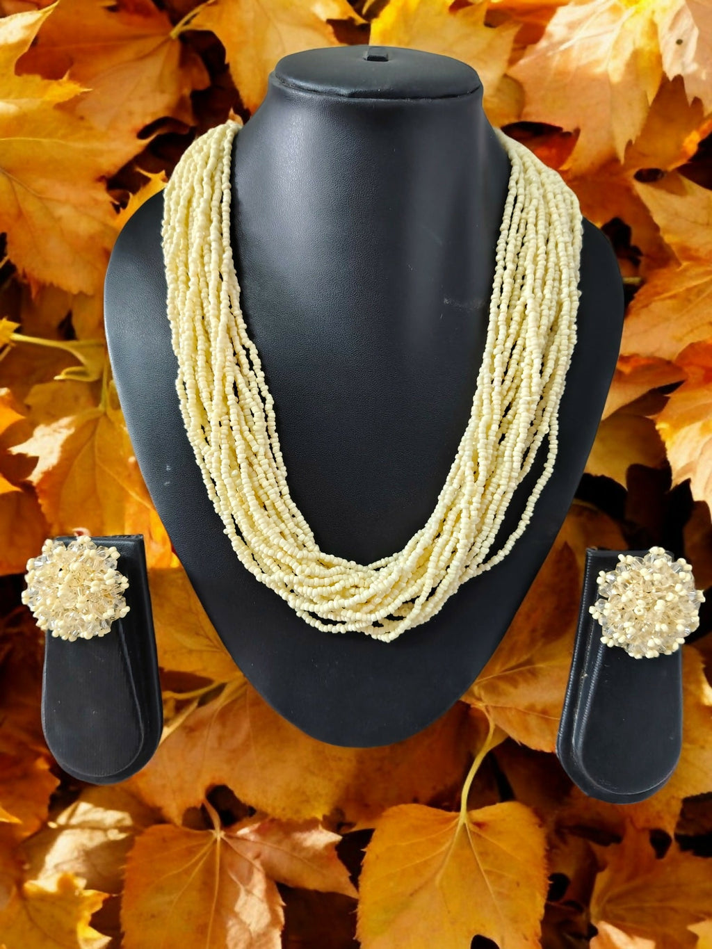 Inhanns Vibrant Handmade 20 Layers Beaded Necklace With Matching Earrings - Cream