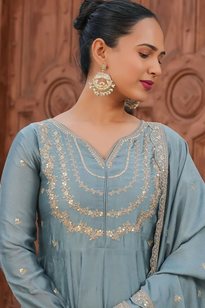 The52 Teal Blue Women's Gorgeous Vichitra Silk Fabric Embroidered Work Flared Anarkali Pant and Dupatta Set - Distacart
