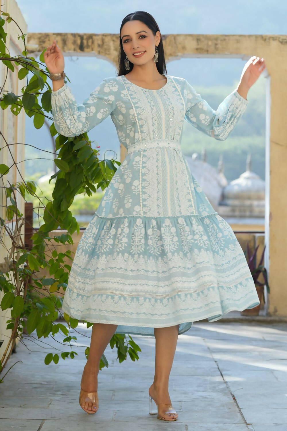 Juniper Women's Sky Blue Printed Flared Dress - Distacart