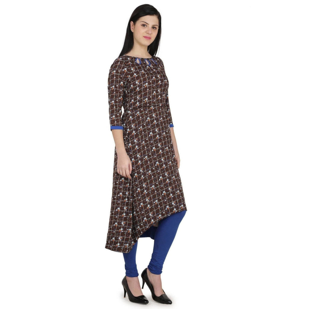 Kanoor Garments Women's Brown High Low Round Neck Kurti