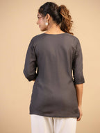 Womens Grey Rayon Yoke Embroidered Top - Keeva