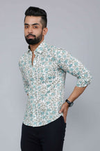 Miravan Men's Spread Collar White & Green Floral Print Slim Fit Shirt