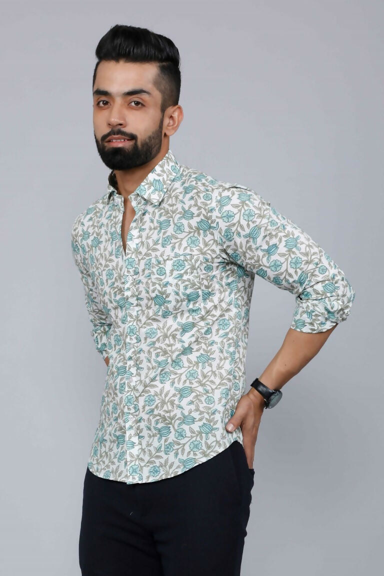 Miravan Men's Spread Collar White & Green Floral Print Slim Fit Shirt
