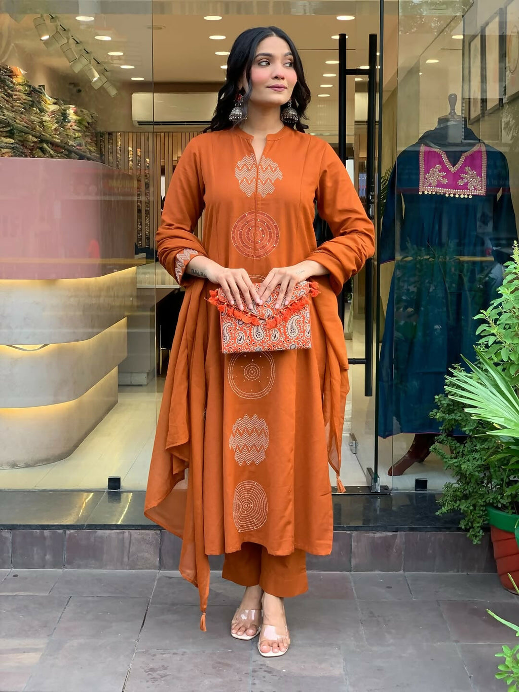 The52 Orange Women's Gorgeous Chanderi Fabric Embroidered Work Straight Kurta Pant and Dupatta Set - Distacart