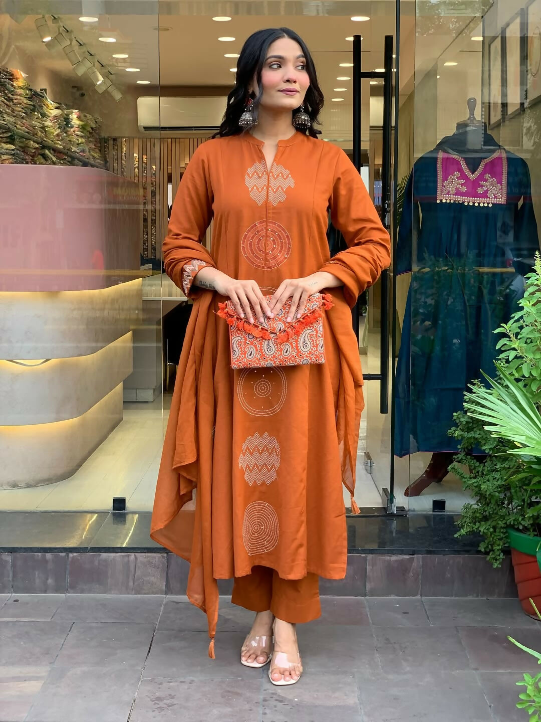 The52 Orange Women's Gorgeous Chanderi Fabric Embroidered Work Straight Kurta Pant and Dupatta Set - Distacart