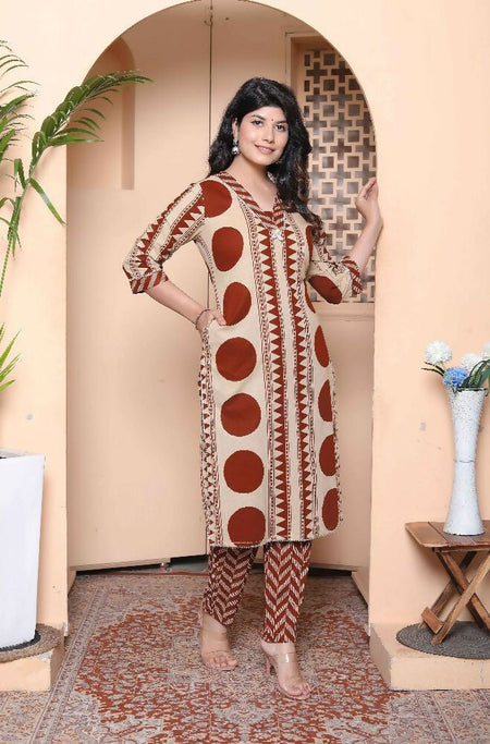 Miravan Womens Brown Pure Cotton Kurta With Palazzo Set