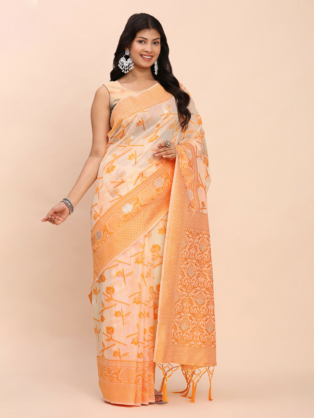 Shree Shyam Fashion Linen Cotton Orange Saree - Distacart