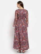 Myshka Women's Multi Organza Printed Full Sleeve Round Neck Casual Maxi Dress