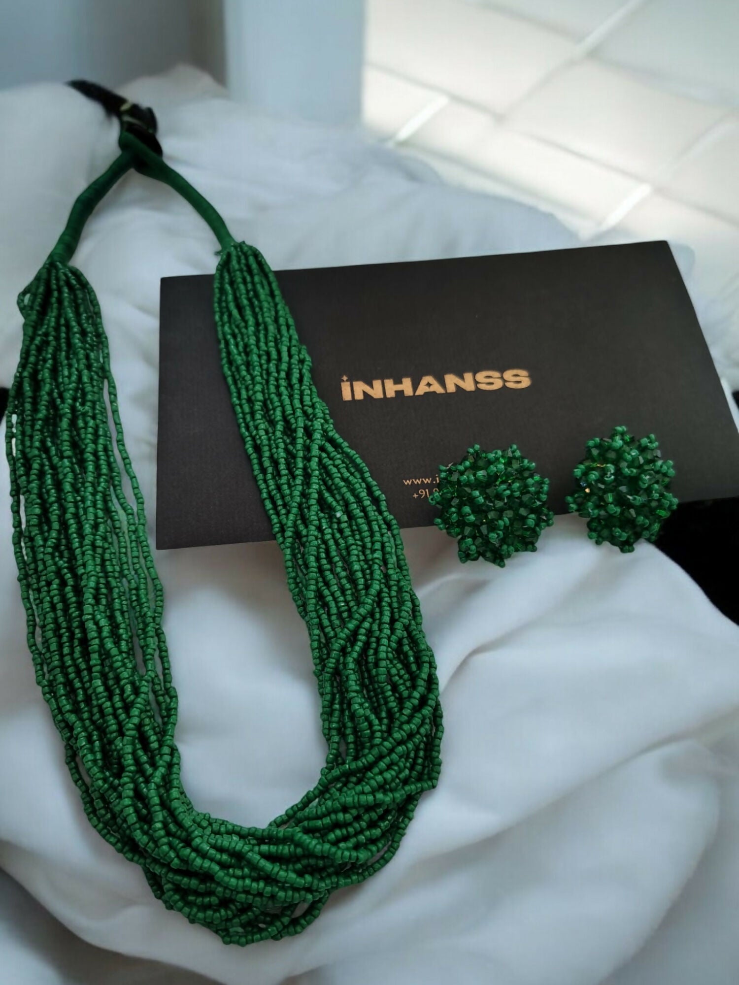 Inhanns Vibrant Handmade 20 Layers Beaded Necklace With Matching Earrings - Green