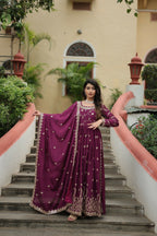 Joban Fashion Wine chinon Sequence Embroidery Work Kurta Set - Distacart