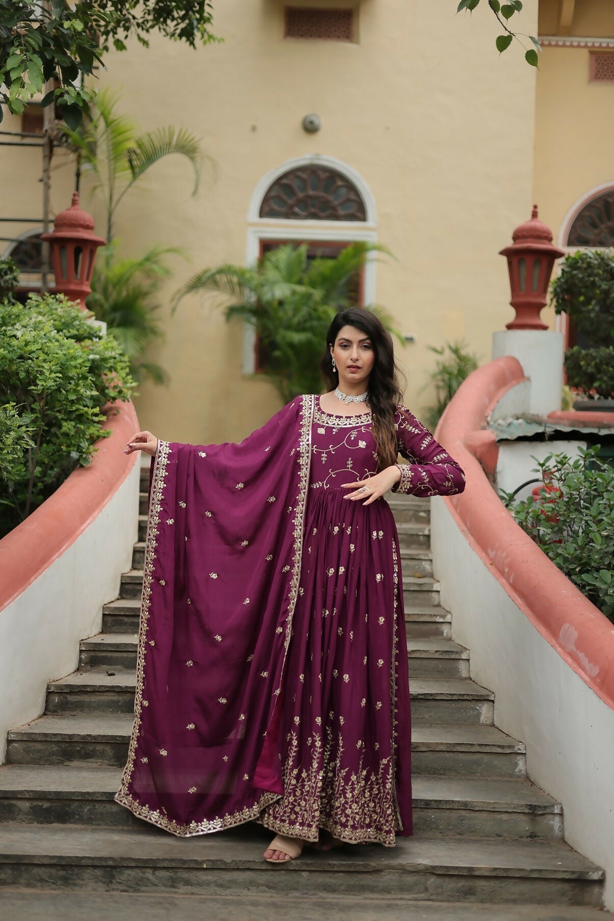 Joban Fashion Wine chinon Sequence Embroidery Work Kurta Set - Distacart