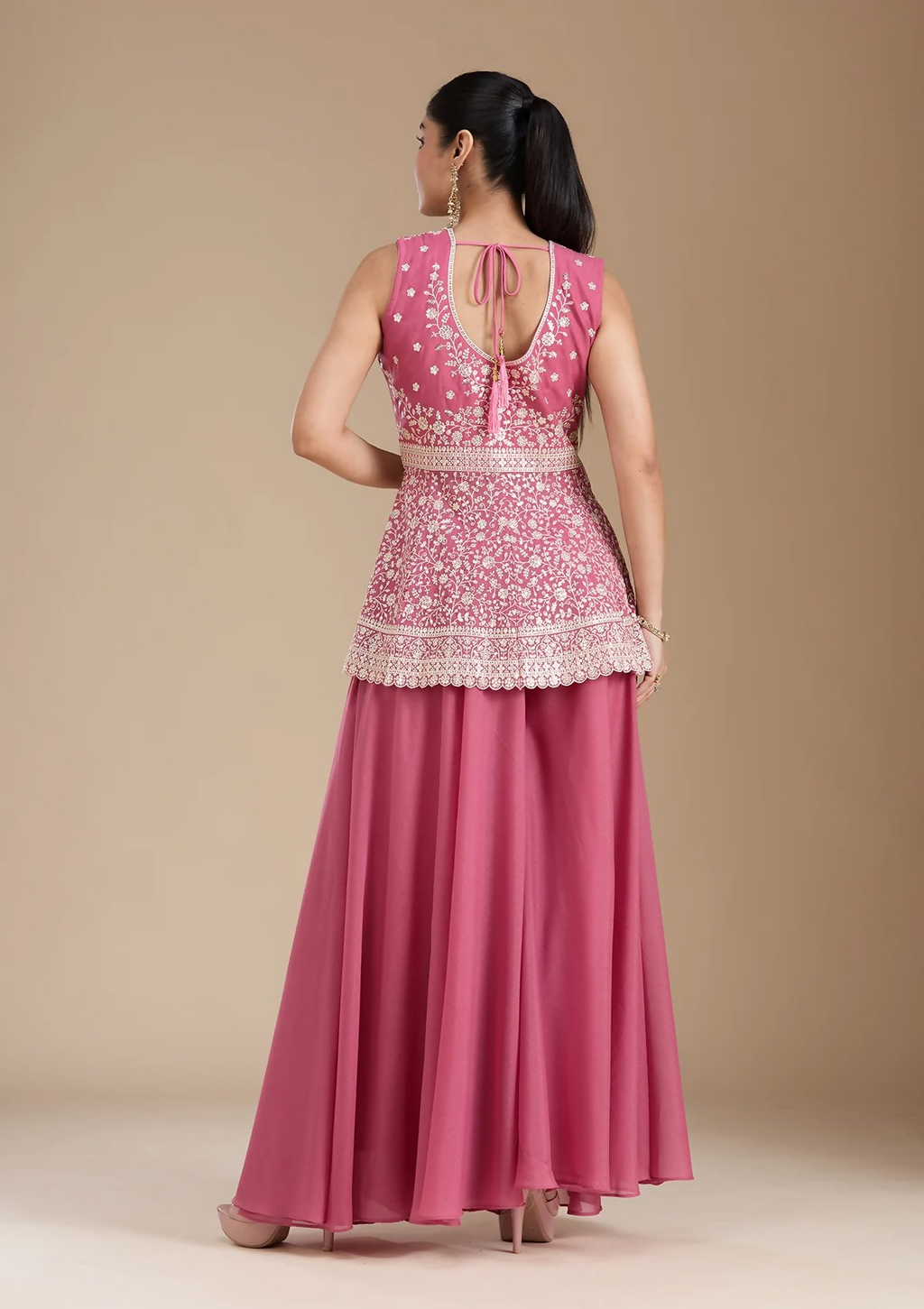 Teeya Creation Pink Color Star Georgette Party Wear Designer Peplum Sharara Set