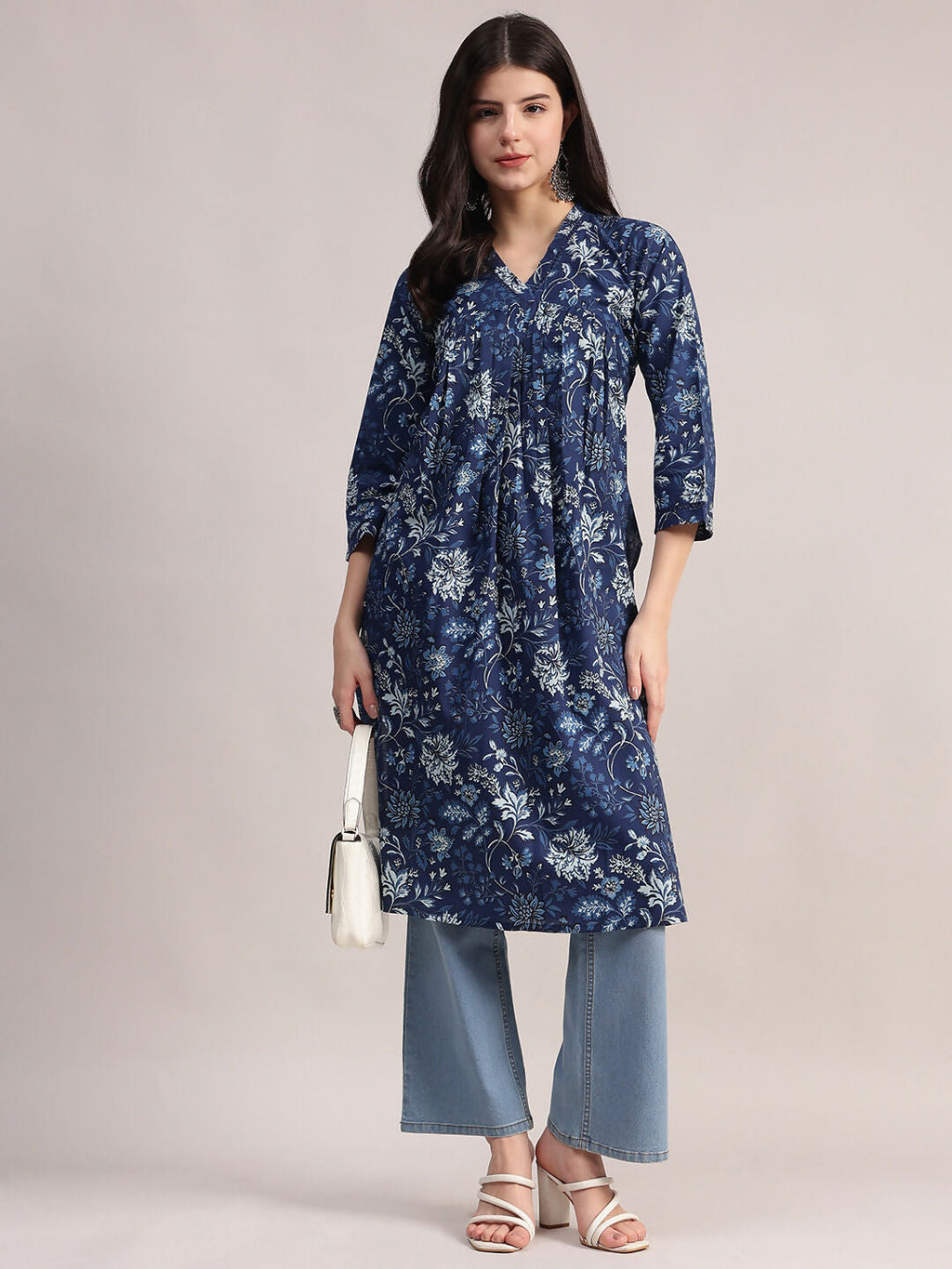 Aavyora Women's Navy Blue Floral Printed Cotton A-Line Kurta with Pintuck Detailing