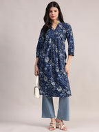 Aavyora Women's Navy Blue Floral Printed Cotton A-Line Kurta with Pintuck Detailing