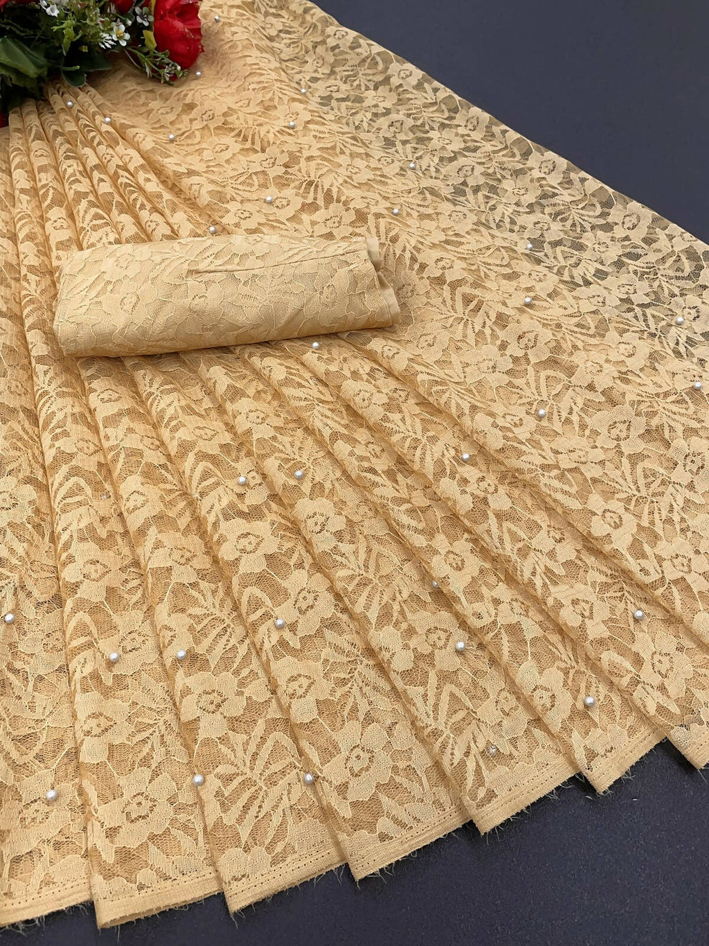 Vamika Brown Pearls Net Saree - Distacart