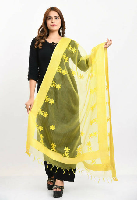 Mominos Fashion Moeza Women's Orgenza All Over Chikan Work Lemon Yellow Dupatta