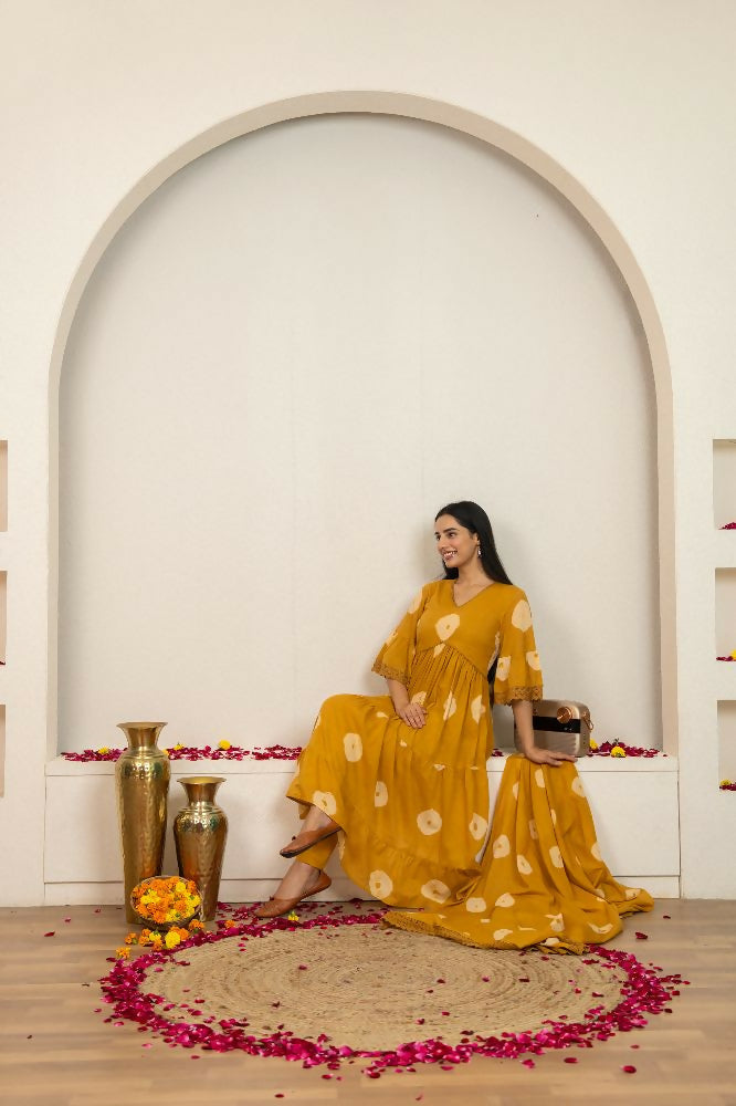 Joban Fashion Musard Yellow Tie & Dye Cotton Suit Set - Distacart