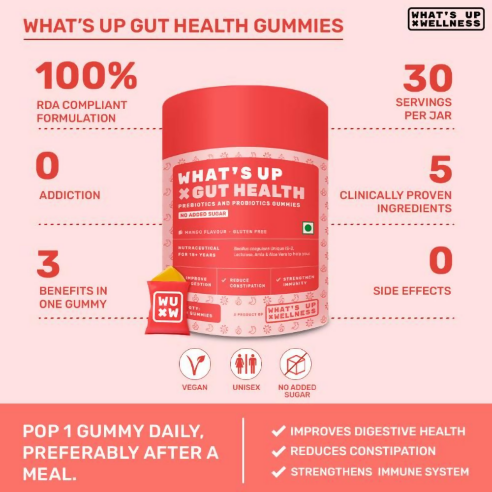 What's Up Wellness Gut Health Prebiotic & Probiotic Gummies - Mango Flavor - Distacart