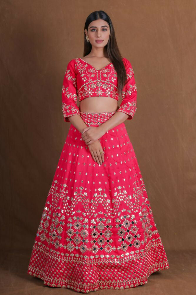 Pink Embroidery With Real Mirror Work Fantum Silk Fabric Lehenga Choli - Jihu Culture