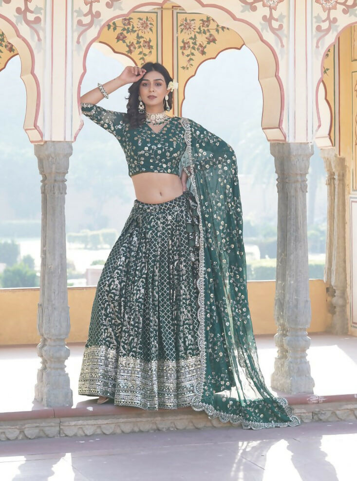 Lorenvalley Green Pure Viscose Jacquard With Embroidered Sequins work Lehenga Choli
