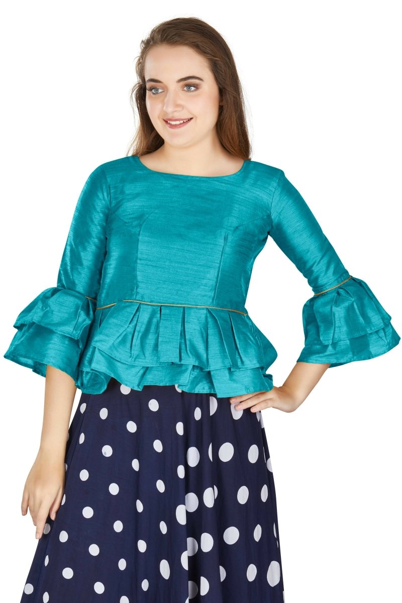 Aastha Fashion Women's Firozi Art Silk Bell Sleeves attire with Poly Cotton Lining Blouse