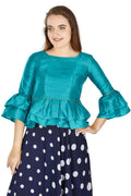 Aastha Fashion Women's Firozi Art Silk Bell Sleeves attire with Poly Cotton Lining Blouse