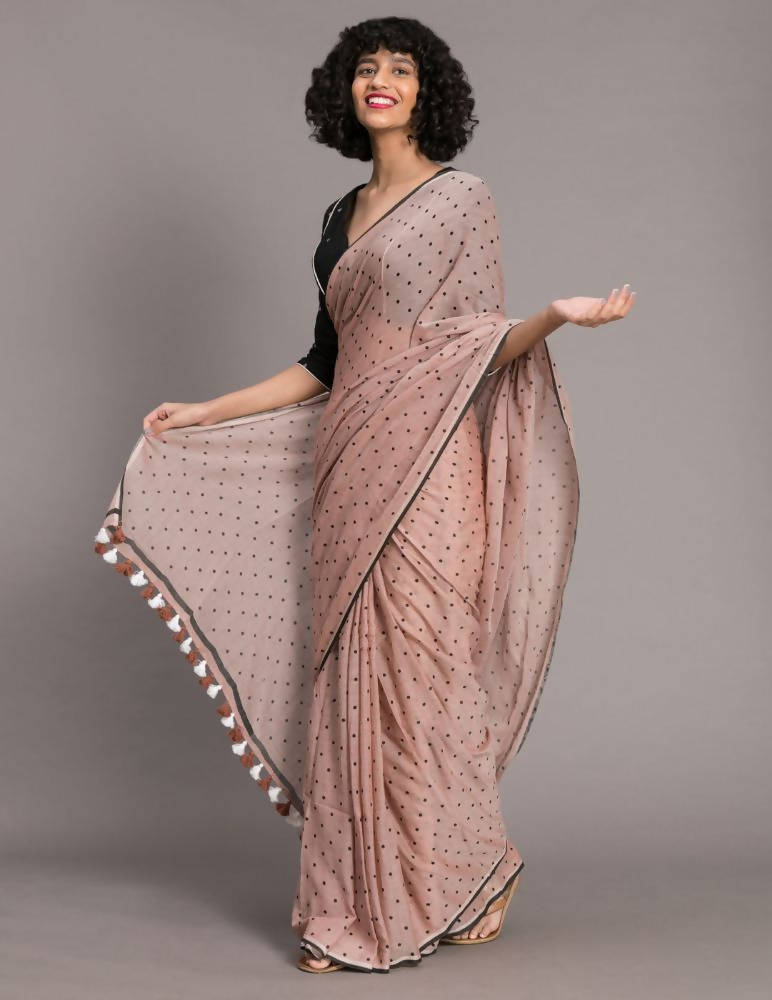 Suta Brown Black Polka Dots Printed Pure Cotton Saree - Distacart
