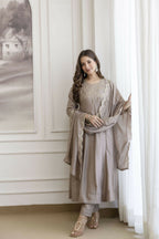 The52 Chiku Women's Beautiful Vichitra Silk Fabric Embroidered Work Flared Anarkali Pant and Dupatta Set - Distacart
