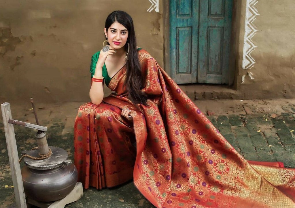 DEIANA'S Beautiful Designer Golden zari Soft Lichi Silk Saree - Red