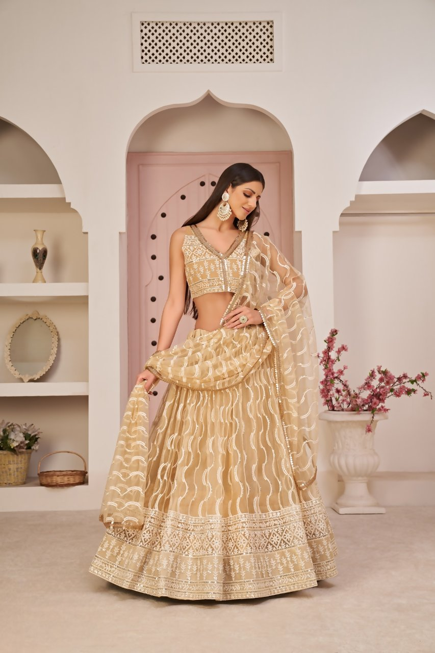 Eilara Women'S Beige Butterfly Net Thread Embroidered Work Designer Lehenga Choli