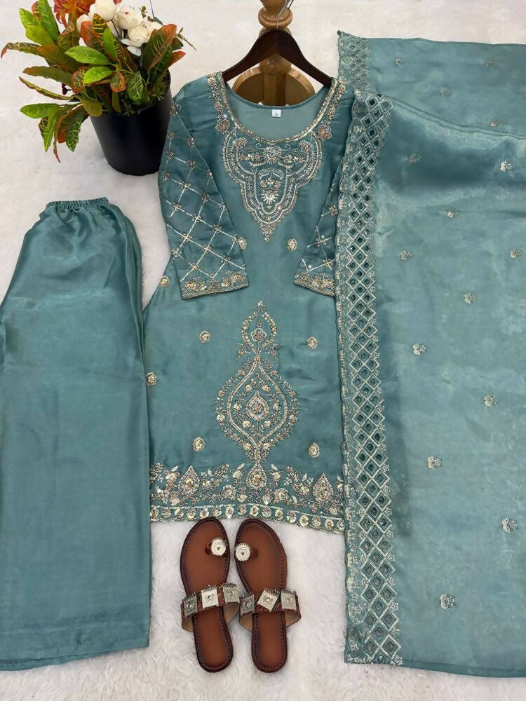 Teeya Creation Teal Color Gimmychu Silk Embroidery Work Wedding Wear Salwar Suit - Distacart