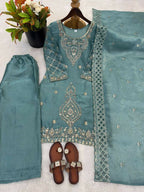 Teeya Creation Teal Color Gimmychu Silk Embroidery Work Wedding Wear Salwar Suit - Distacart
