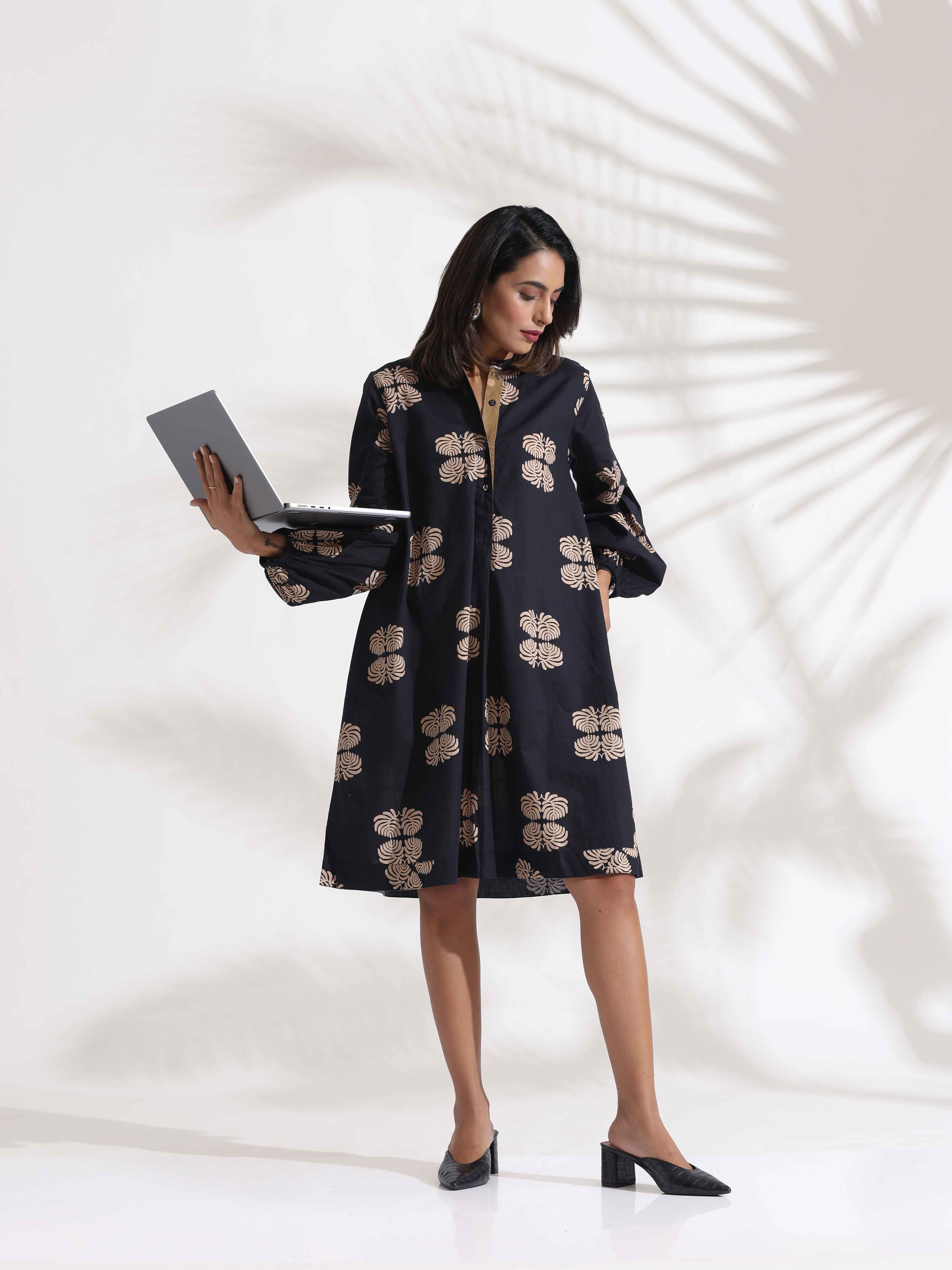 trueBrowns Black Cotton Print Short Dress - Distacart