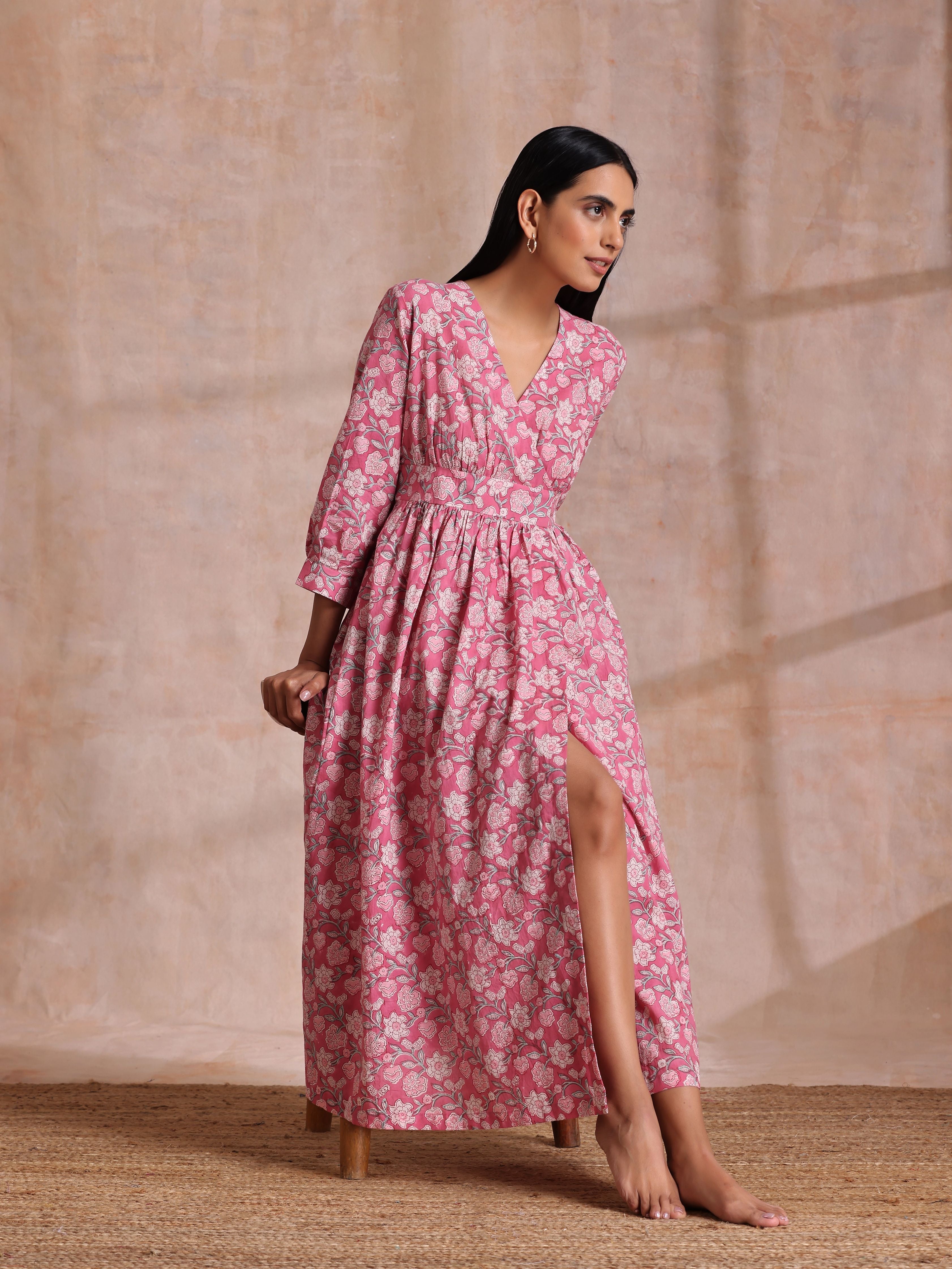 trueBrowns Pink Overall Floral Block Print Cotton Wrap Dress - Distacart