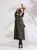 trueBrowns Green Foil Print Cotton Kurta Set - Distacart