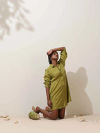 trueBrowns Pear Green Cotton Linen Dress - Distacart