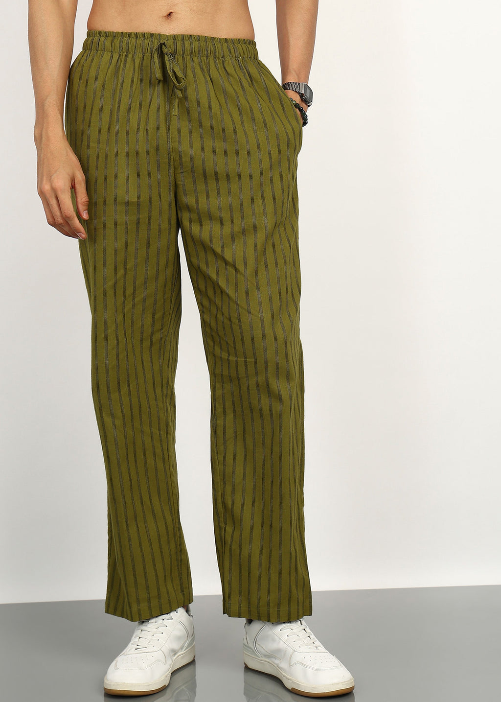 Fabmade Olive Stripe Linen Kurta Set