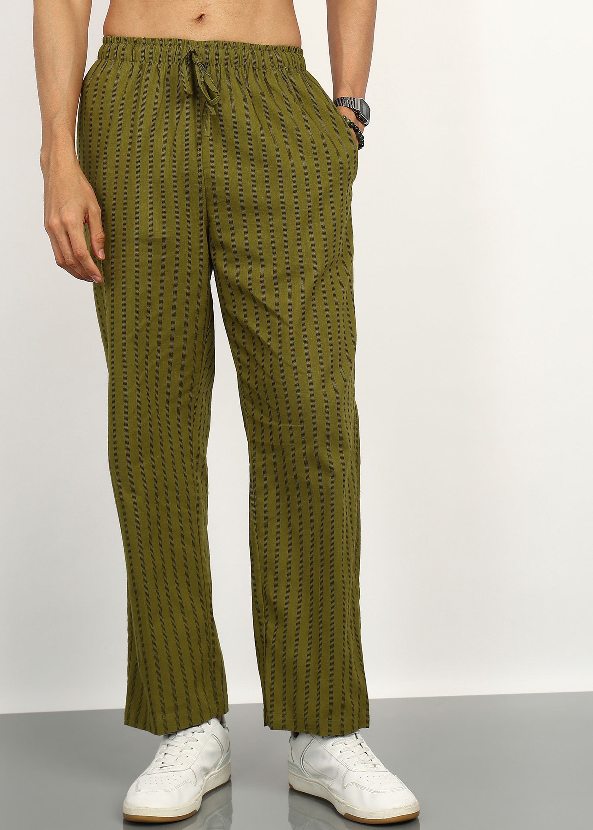 Fabmade Olive Stripe Linen Kurta Set